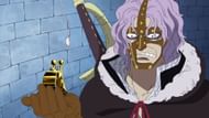 Spandam seen here with a Golden Den Den Mushi, which he eventually uses to call in a Buster Call to Enies Lobby. (Image via Toei Animation)